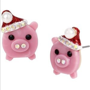 NIB Betsey Johnson "Whimsy Santa Pig" Studs Christmas Earrings